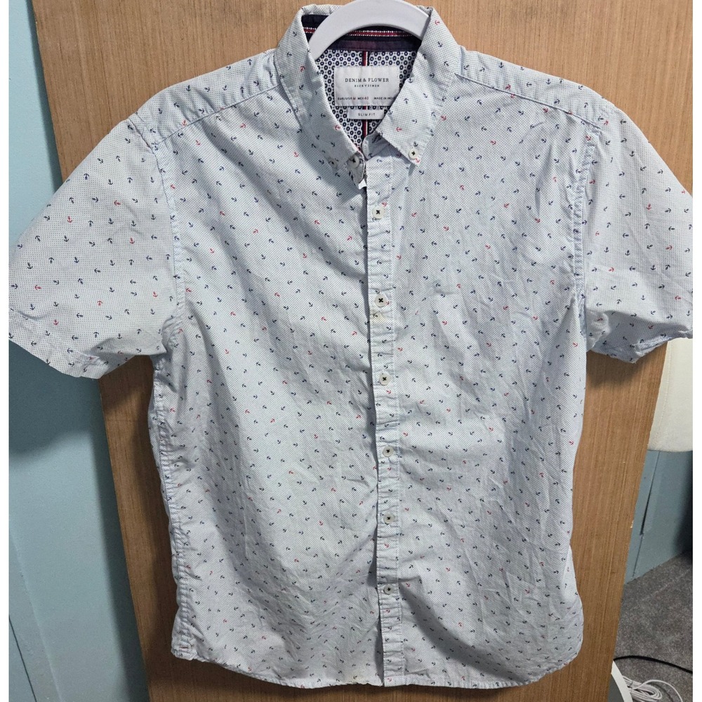Denim & Flower Ricky Singh Mens Medium Slim Fit Anchor Print Button Down Shirt